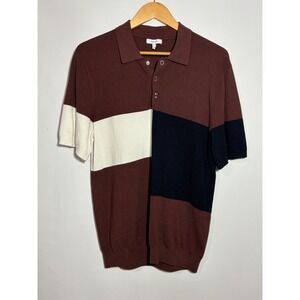 REISS Men Sz L Primo Colorblock Knit Polo Shirt Short Sleeve Burgundy White Navy